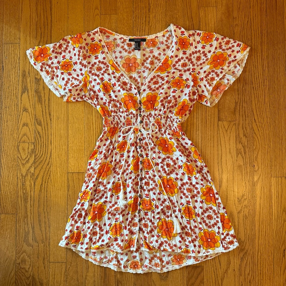 Forever 21 Orange and Yellow Floral Short Sleeve Sundress with Elastic Waist